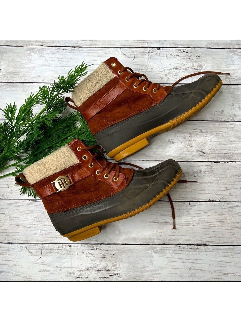 Tommy Hilfiger Brown Leather & Gray Rubber Winter Duck Boots with Shearling Cuff